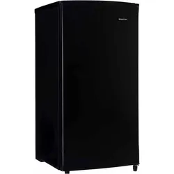 Black single-door refrigerator with compact design and curved edges.