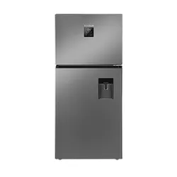Silver top freezer refrigerator with digital display and water dispenser.