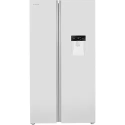 White side-by-side refrigerator with water dispenser and sleek modern design.