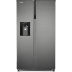Silver side-by-side refrigerator with digital control panel and water dispenser.