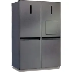Modern gray side-by-side refrigerator with sleek handles and touch panel.