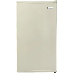 Compact beige single-door refrigerator with minimalist design.