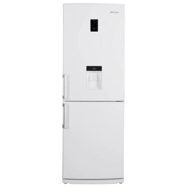 White bottom freezer refrigerator with water dispenser and digital control panel