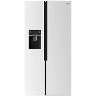 White side-by-side refrigerator with water dispenser and digital control panel