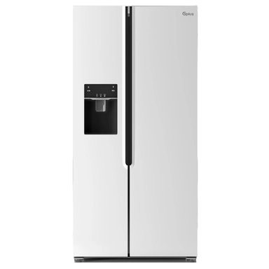Modern white side-by-side refrigerator with water dispenser and touch control panel