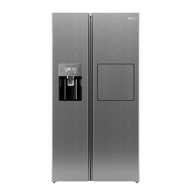 Silver side-by-side refrigerator with water dispenser and digital control panel