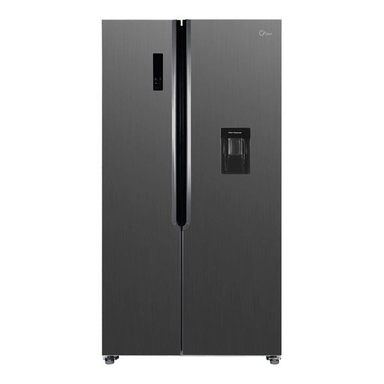Black side-by-side refrigerator with water dispenser and sleek vertical handles