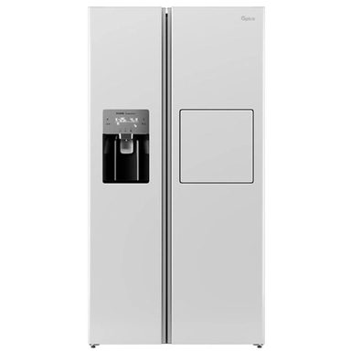 White side-by-side refrigerator with water dispenser and digital control panel