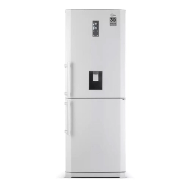 White bottom freezer refrigerator with water dispenser and dual handles