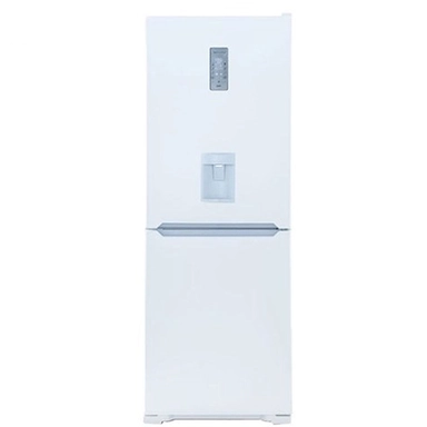 White bottom freezer refrigerator with water dispenser and digital display