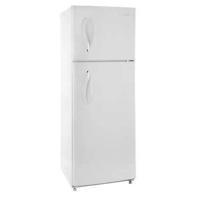 White refrigerator with top freezer and curved door handles