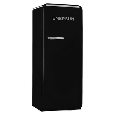 Black single door retro-style refrigerator with chrome handle