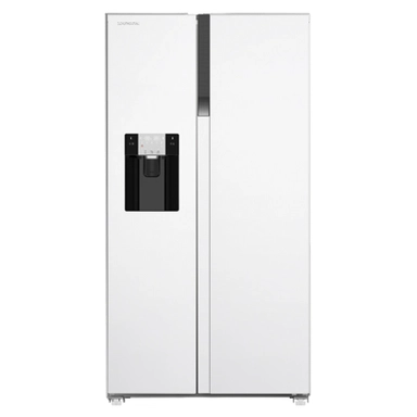 White side-by-side refrigerator with water dispenser and digital control panel