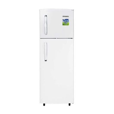 White double door refrigerator with top freezer and vertical handles
