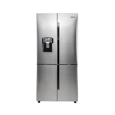 Silver four-door refrigerator with water dispenser and digital control panel