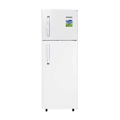 White top freezer refrigerator with vertical door handles