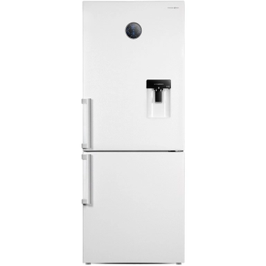White bottom freezer refrigerator with water dispenser and digital display