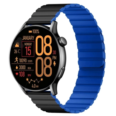 Round smartwatch with black case, colorful display, and blue-black striped band.
