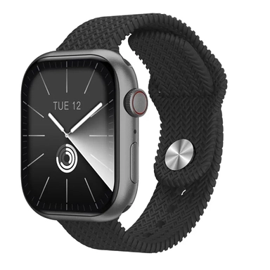 Smartwatch with silver case, black analog-style display, and textured black band.