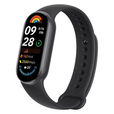 Smart fitness tracker with black curved screen and black silicone strap.