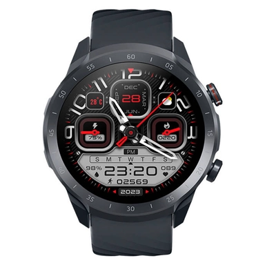 Round black smart fitness watch with multiple dials and rugged design.