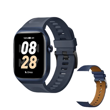 Dark blue smartwatch with fitness display and an extra leather strap.