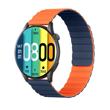Colorful smartwatch with round display and orange-blue striped band.