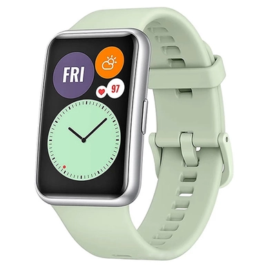 Smartwatch with rectangular display and light green strap showing time and health icons.`