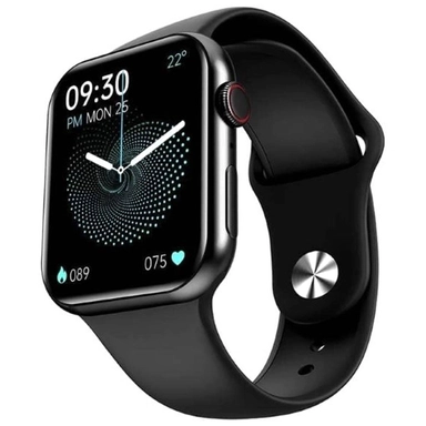 Modern smartwatch with black strap and rounded square display showing time, date, and fitness stats.