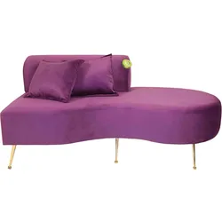 Modern purple velvet chaise lounge with gold legs and matching cushions