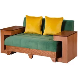 Modern wooden sofa with green tufted upholstery and yellow cushions, featuring built-in wooden side tables