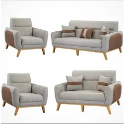 Modern gray sofa set with wooden legs and matching accent cushions.