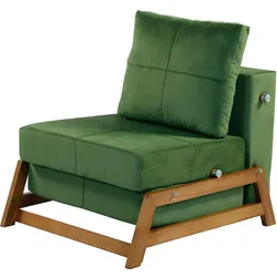 Green cushioned accent chair with wooden frame and adjustable backrest.