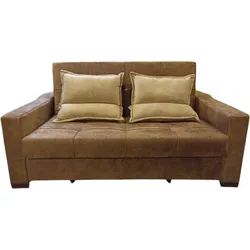 Brown two-seater sofa with matching beige cushions on the seat.