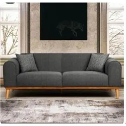 Modern dark gray fabric sofa with wooden legs in a stylish living room setting