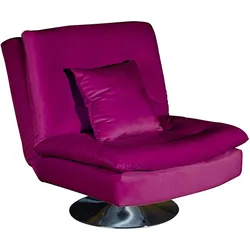 Purple swivel lounge chair with matching cushion on a round metal base.