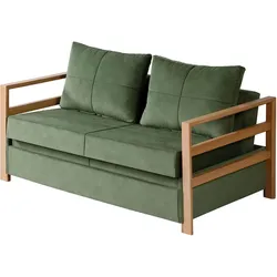 Green two-seater sofa with wooden armrests and matching back cushions.