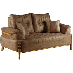 Brown cushioned loveseat with wooden legs and matching throw pillows.