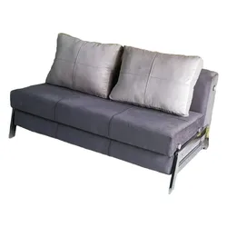 Gray foldable sofa bed with two matching back cushions.