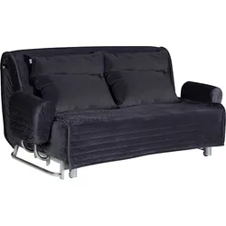 Black convertible sofa with cushioned armrests and metal legs.