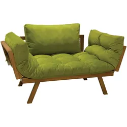 Green cushioned wooden loveseat with adjustable armrests.