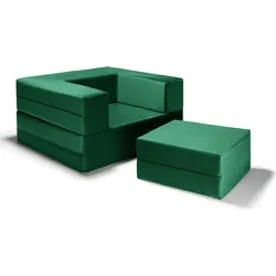 Modular green foam chair with matching ottoman and block-style design.