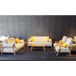 Modern wooden sofa set with cream upholstery and yellow cushions in a contemporary living room