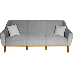 Light gray three-seater sofa with wooden legs and two white cushions.