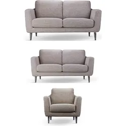 Light gray sofa set including two loveseats and one armchair with slim legs.