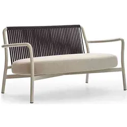 Modern outdoor loveseat with rope-style backrest and cushioned seat.