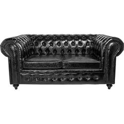 Black tufted leather Chesterfield loveseat with rolled arms.