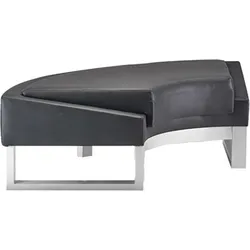 Modern black leather lounge seat with angular stainless steel frame.