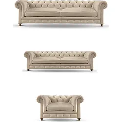 Beige tufted Chesterfield sofa set including two sofas and one armchair.