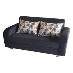 Dark gray loveseat with patterned decorative pillows and metal legs.